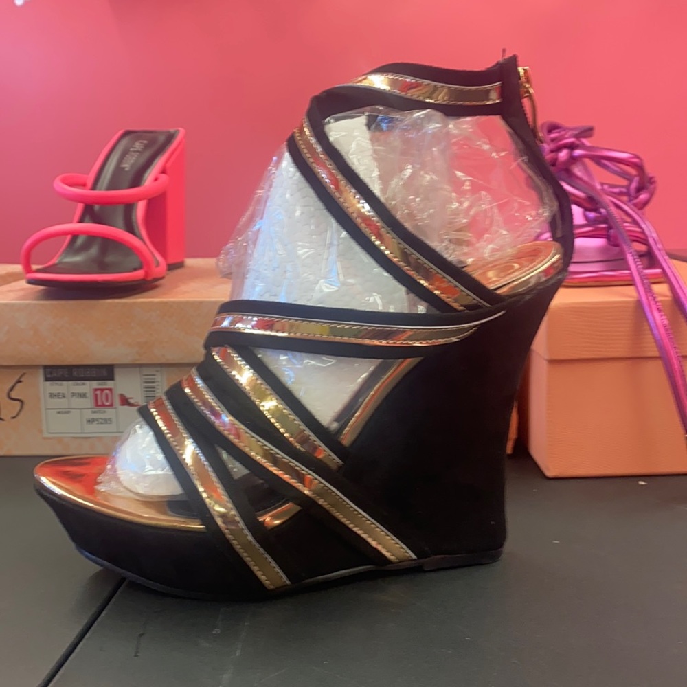 Black and gold metallic wedge sandals
